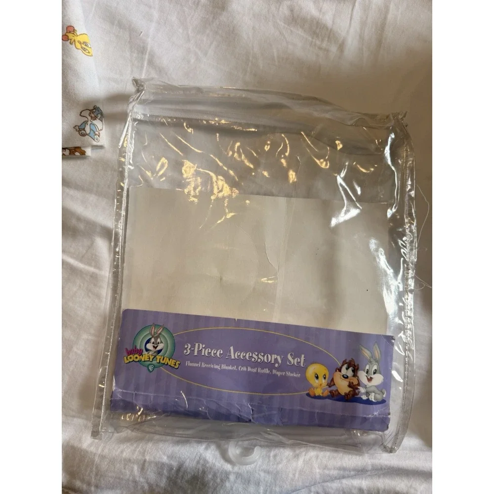 Vintage Y2K Baby Looney Tunes Patchwork Receiving Blanket & Crib Dust Ruffle Set